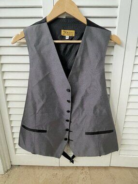 Dion Signature Silk Tuxedo Vest XL Gray Black Formal Waistcoat Adjustable Back